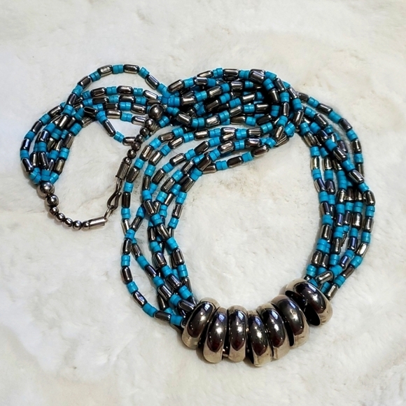 VINTAGE CHUNKY NATIVE AMERICAN INDIAN TRIBAL MULTISTRAND NECKLACE WITH RINGS - Picture 2 of 7